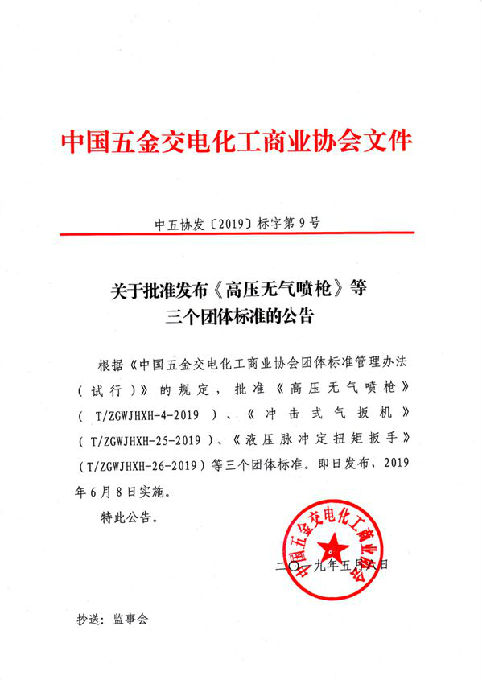 关于批准发布《高压无气喷枪》等三个团体标准的公告